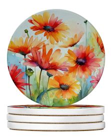 Gerbera Daisies in Watercolor Large Sandstone Coasters Pack of 4 Absorbent Round Coasters Decor Gifts for Men or Women, 4 in, Multicolor