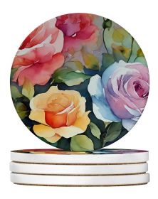 Roses in Watercolor Large Sandstone Coasters Pack of 4 Absorbent Round Coasters Decor Gifts for Men or Women, 4 in, Multicolor