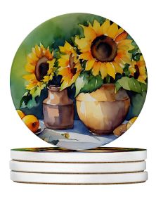 Sunflowers in Watercolor Large Sandstone Coasters Pack of 4 Absorbent Round Coasters Decor Gifts for Men or Women, 4 in, Multicolor