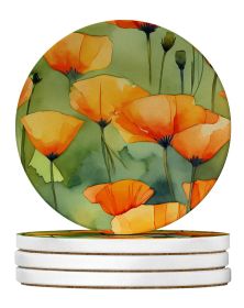 California California Poppies in Watercolor Large Sandstone Coasters Pack of 4 Absorbent Round Coasters Decor Gifts for Men or Women, 4 in, Multicolor