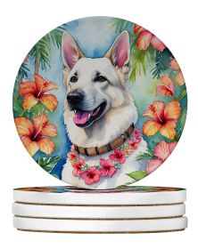 White German Shepherd Luau Large Sandstone Coasters Pack of 4 Absorbent Round Coasters Decor Gifts for Men or Women, 4 in, Multicolor