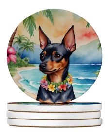 Miniature Pinscher Luau Large Sandstone Coasters Pack of 4 Absorbent Round Coasters Decor Gifts for Men or Women, 4 in, Multicolor