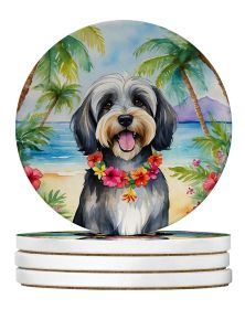 Tibetan Terrier Luau Large Sandstone Coasters Pack of 4 Absorbent Round Coasters Decor Gifts for Men or Women, 4 in, Multicolor