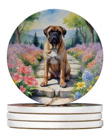 Bullmastiff Spring Path Large Sandstone Coasters Pack of 4 Absorbent Round Coasters Decor Gifts for Men or Women, 4 in, Multicolor