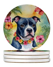 Staffordshire Bull Terrier Luau Large Sandstone Coasters Pack of 4 Absorbent Round Coasters Decor Gifts for Men or Women, 4 in, Multicolor