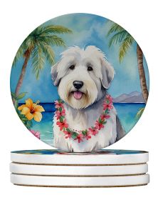 Old English Sheepdog Luau Large Sandstone Coasters Pack of 4 Absorbent Round Coasters Decor Gifts for Men or Women, 4 in, Multicolor