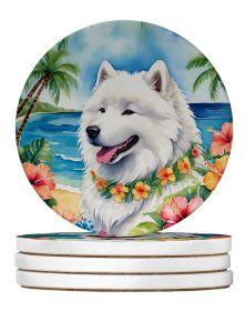 Samoyed Luau Large Sandstone Coasters Pack of 4 Absorbent Round Coasters Decor Gifts for Men or Women, 4 in, Multicolor