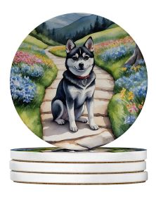 Alaskan Klee Kai Spring Garden Large Sandstone Coasters Pack of 4 Absorbent Round Coasters Decor Gifts for Men or Women, 4 in, Multicolor