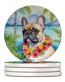 French Bulldog Luau Large Sandstone Coasters Pack of 4 Absorbent Round Coasters Decor Gifts for Men or Women, 4 in, Multicolor