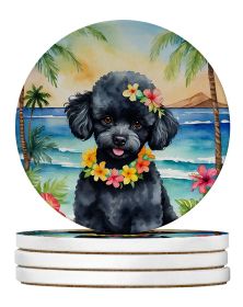 Black Poodle Luau Large Sandstone Coasters Pack of 4 Absorbent Round Coasters Decor Gifts for Men or Women, 4 in, Multicolor