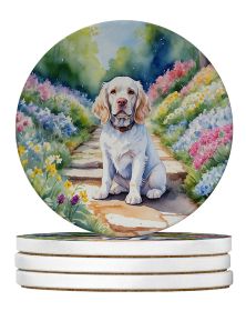 Clumber Spaniel Spring Path Large Sandstone Coasters Pack of 4 Absorbent Round Coasters Decor Gifts for Men or Women, 4 in, Multicolor