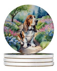 Basset Hound Spring Garden Large Sandstone Coasters Pack of 4 Absorbent Round Coasters Decor Gifts for Men or Women, 4 in, Multicolor