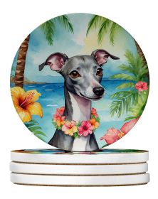 Italian Greyhound Luau Large Sandstone Coasters Pack of 4 Absorbent Round Coasters Decor Gifts for Men or Women, 4 in, Multicolor