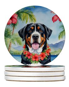 Greater Swiss Mountain Dog Luau Large Sandstone Coasters Pack of 4 Absorbent Round Coasters Decor Gifts for Men or Women, 4 in, Multicolor