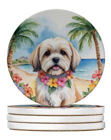 Lhasa Apso Luau Large Sandstone Coasters Pack of 4 Absorbent Round Coasters Decor Gifts for Men or Women, 4 in, Multicolor