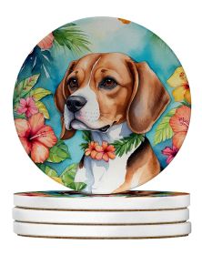 Beagle Luau Large Sandstone Coasters Pack of 4 Absorbent Round Coasters Decor Gifts for Men or Women, 4 in, Multicolor