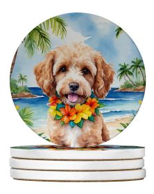 Cockapoo Luau Large Sandstone Coasters Pack of 4 Absorbent Round Coasters Decor Gifts for Men or Women, 4 in, Multicolor